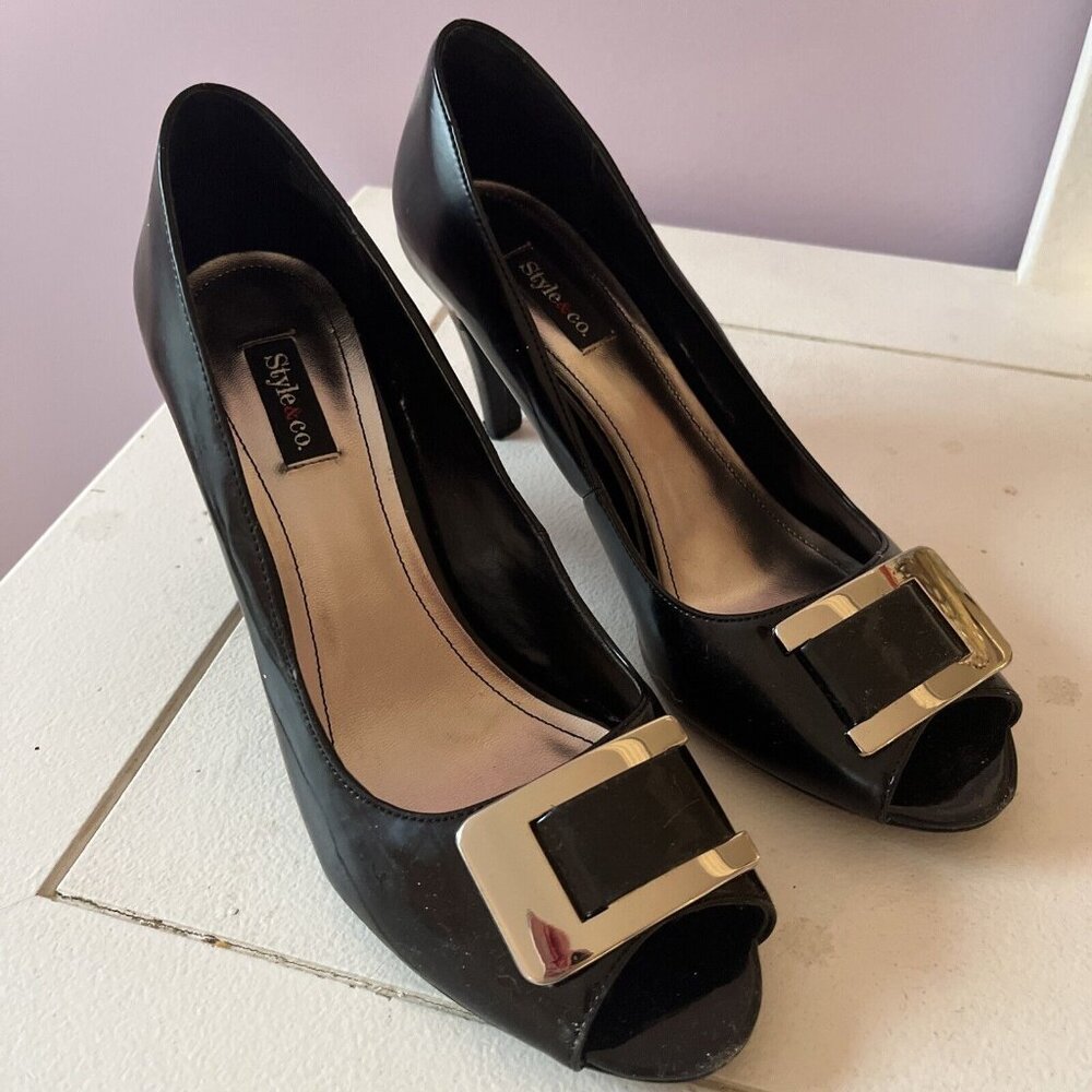 Style & Co Black Heels Open Toe Size 9 Patent Leather